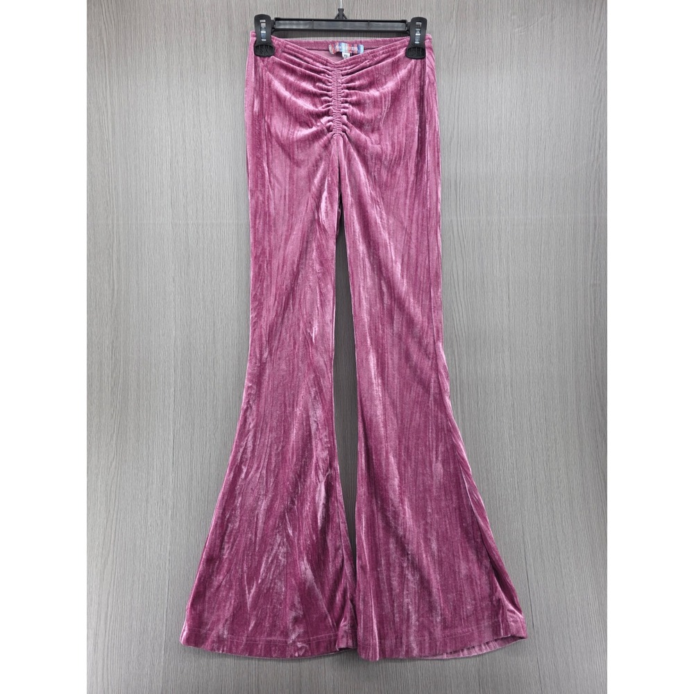 Urban Outfitters Y2K Pink Velvet Ruched Front Flare Bell Bottom Pants Womens XS